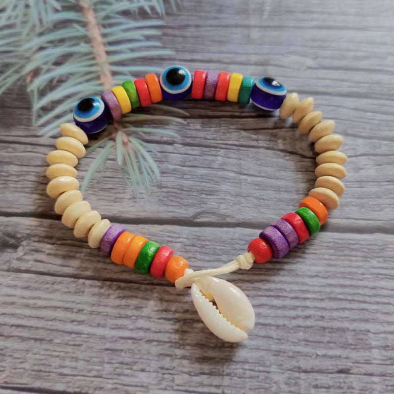 Wholesale Devil's Eye Colored Wood Beads Natural Shell Bracelet Rope